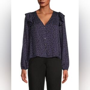 NWT Marine Layer Leopard Print Ruffle Blouse Blue Small